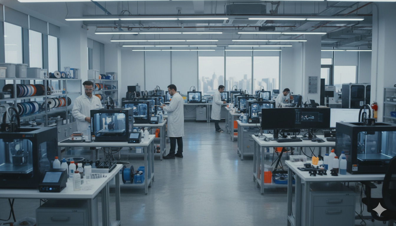 Professional 3D printing workshop with advanced equipment